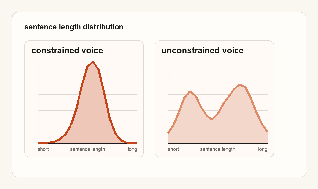 a simple graph showing a tight versus wide distribution of sentence lengths, labeled "constrained voice" and "unconstrained voice"