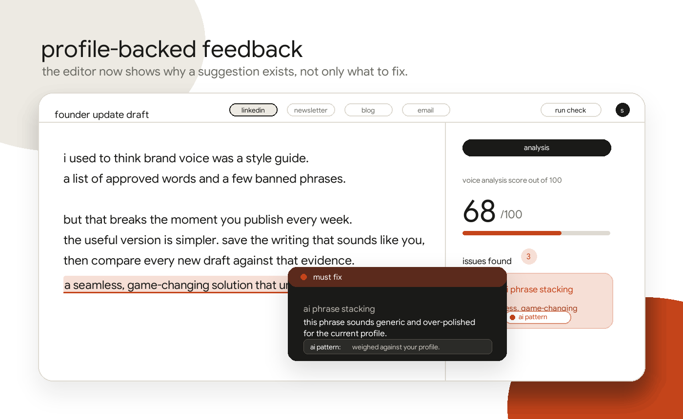 editor screen showing a highlighted phrase with a profile-backed tooltip note